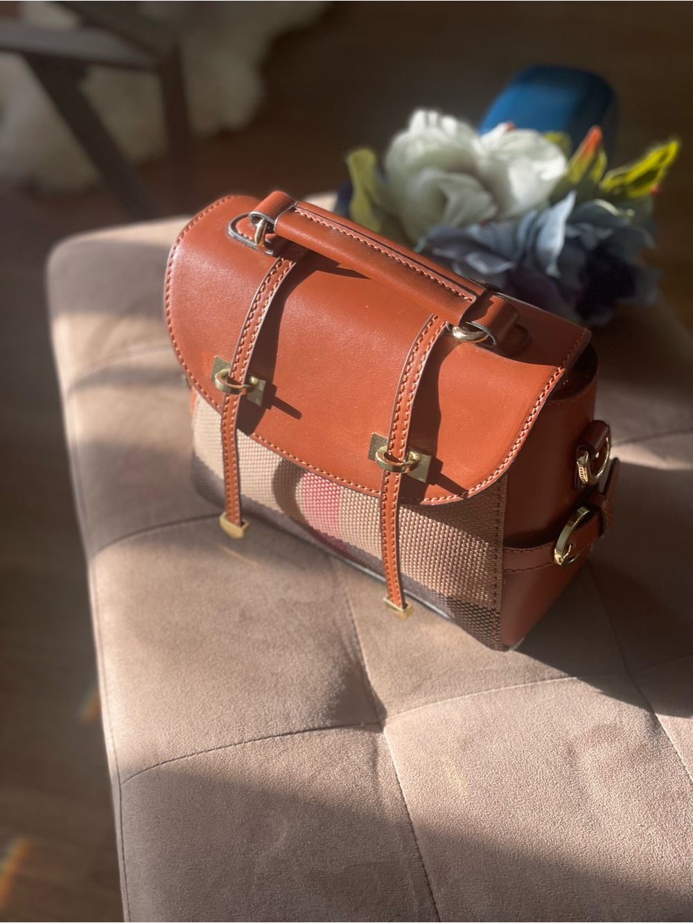 Burberry Nova Check Canvas Double Buckle Flap Small Crossbody Satchel Bag
